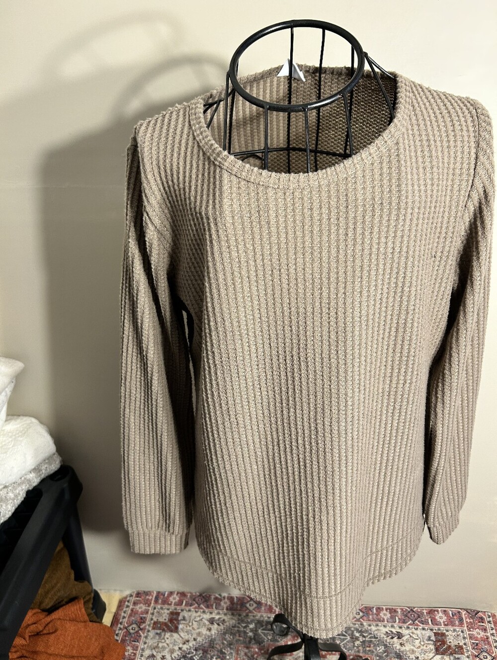 size large womens top shirt tee t long sleeve waffle knit tan
